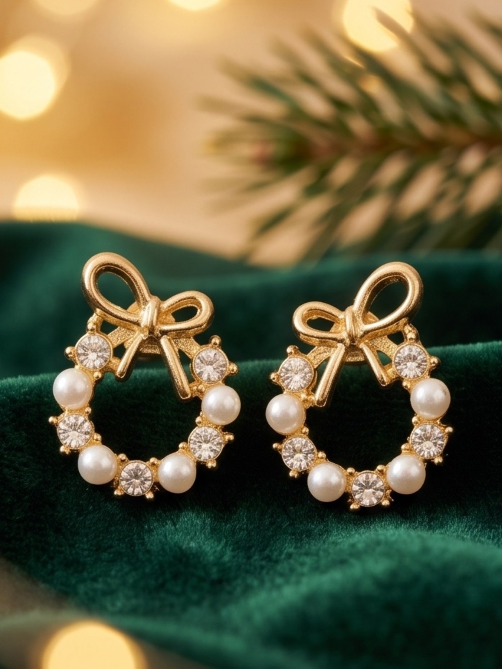 New Gold Bow Pearl & Crystal Wreath Earrings - Classic Holiday Style